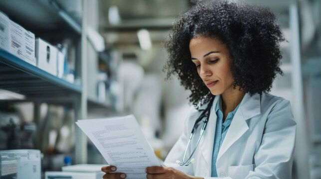 Assistant reviews medical report in laboratory for accuracy and detail while preparing for presentation