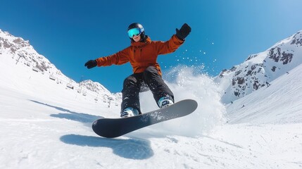 Enthusiastic Snowboarder Gliding Through Fresh Powder on a Sunny Day in the Mountains