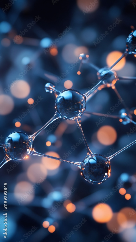 Aufkleber Molecular glass structure revealing intricate molecular network, blurred luminescence hinting at scientific interconnections between chemistry, biology, physics