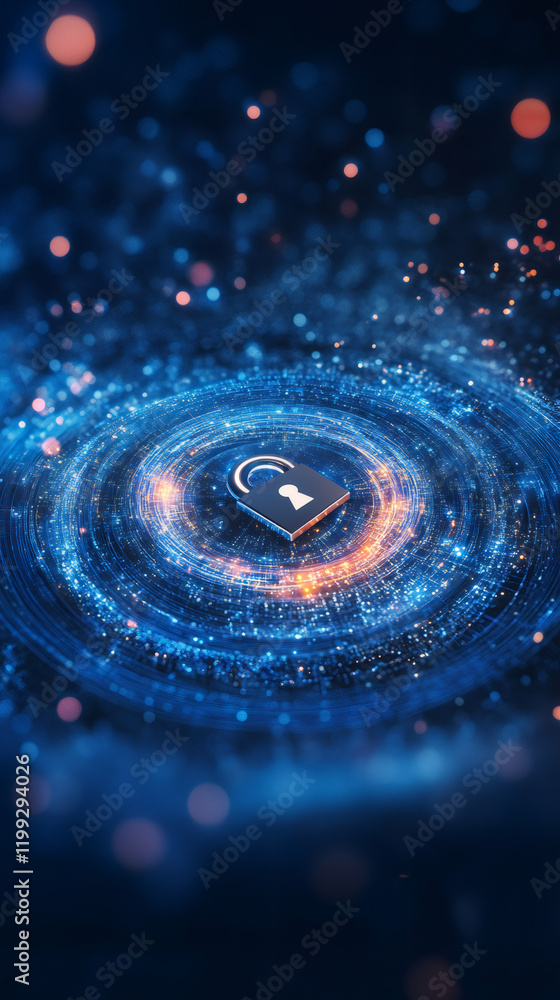 Poster padlock floating on glowing blue concentric circles made of data and particles, representing digital