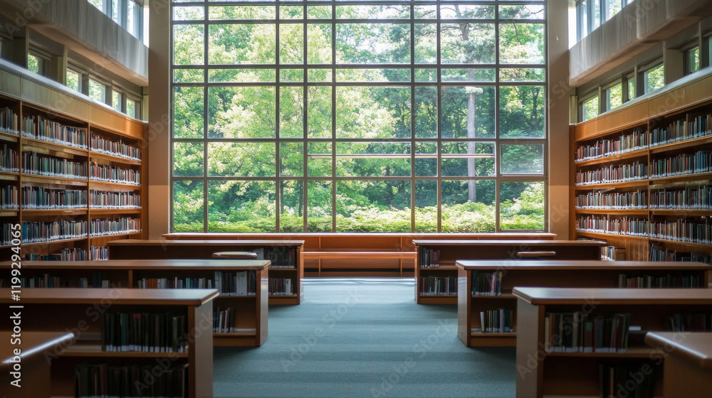 Poster bright library interior with large windows overlooking greenery in an academic setting