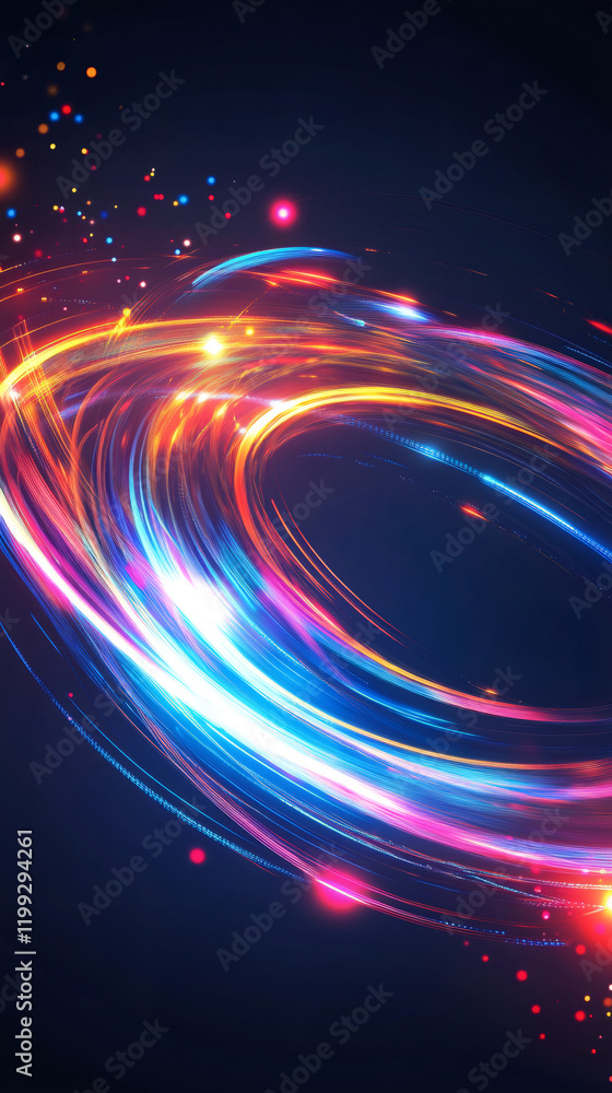 Poster vibrant light streaks spiraling, merging into dynamic vortex against deep darkness, generating inten