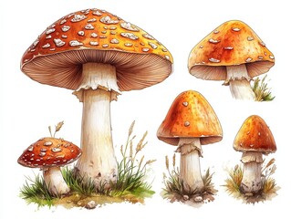 Cartoon-style illustration of various red mushrooms
