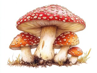 Cartoon-style illustration of various red mushrooms