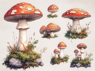 Cartoon-style illustration of various red mushrooms