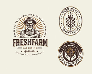 Obraz premium Vintage classic fresh farm gardening logo design for agriculture business company