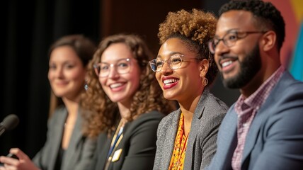 Panelists at a corporate event engaging in lively conversation, sharing unique perspectives. The professional yet informal atmosphere fosters active participation 
