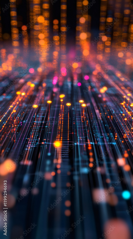 Fototapete complex electronic circuit board with glowing lines and dots, representing data transmission in a fu
