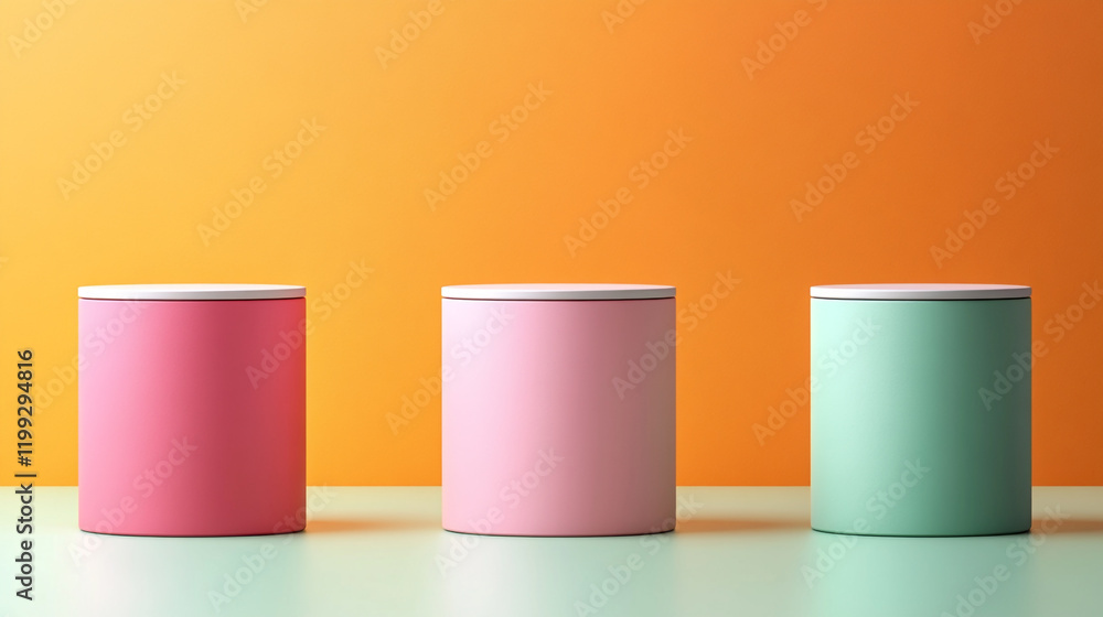 Poster colorful cylindrical containers arranged on a flat surface with a gradient background