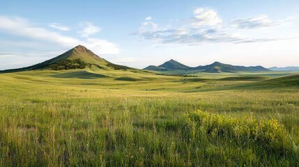 Run-down landscapes in a national park Vast green landscape with rolling hills and a clear sky.