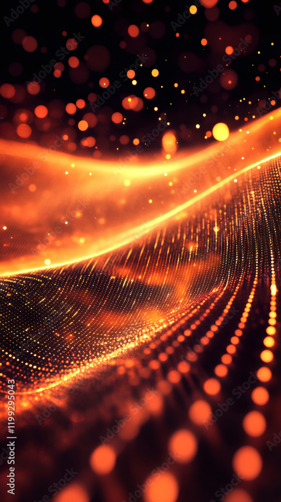 Fototapete digital orange wave streaming dynamic particles across dark backdrop, representing technological ene