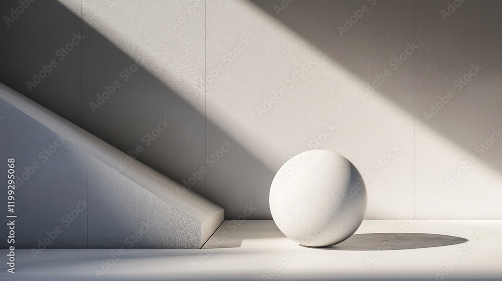 Poster minimalist composition featuring a textured white sphere and angular geometric shapes in soft light