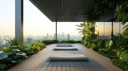 Fototapeta premium Serenity on a Rooftop Garden with Minimalist Lounge Chairs Overlooking a Vibrant Cityscape at Sunset