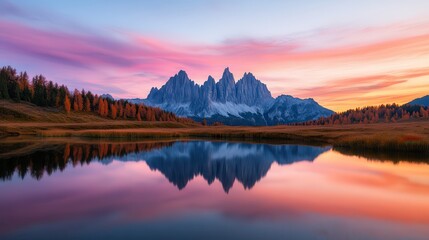 Fototapeta premium Run-down landscapes in a national park Stunning sunset over mountains reflected in a serene lake.