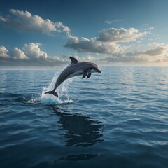 Naklejka premium A surreal scene of a dolphin swimming in a sky-like sea.