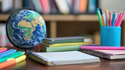 Global Education: Desk with Globe, Books, and Colorful Stationery