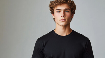 Fototapeta premium Young man poses confidently in casual black shirt against neutral background