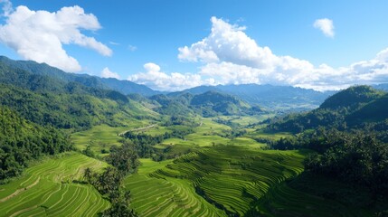 Obraz premium Lush Green Rice Terraces in Mountain Valley