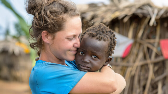 Comforting a malnourished child in a rural village while providing support and care in a challenging environment