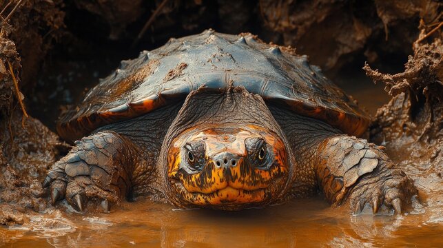 Muddy turtle emerges from brown water.