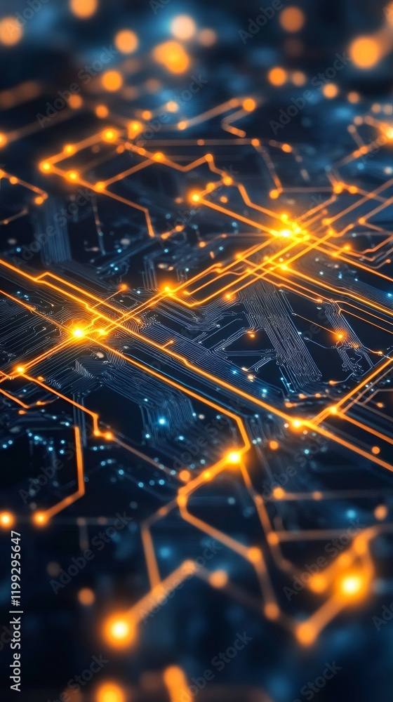 Aufkleber glowing orange electrical signals pulsing across intricate circuit board, representing advanced digi