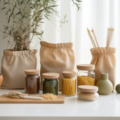 Close-up of glass jars filled with grains and pasta, reusable cloth bags, and bamboo utensils on a minimalist kitchen counter, Generative Ai