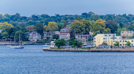 An elevated view across Narragansett bay at Newport, USA in the fall