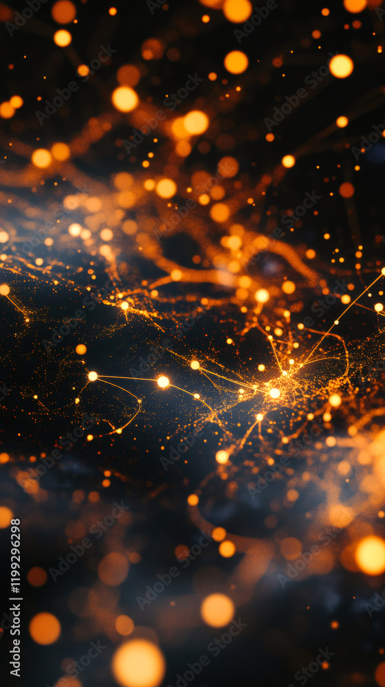 Fototapete golden particles creating a network of connections over a dark background, representing global commu