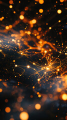 Golden particles creating a network of connections over a dark background, representing global communication and digital earth