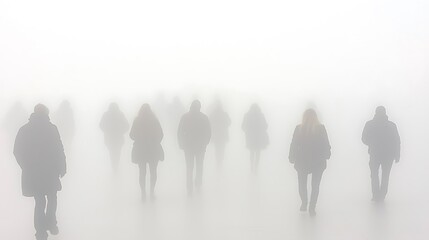 Foggy city street, people walking, urban scene, atmospheric, mystery