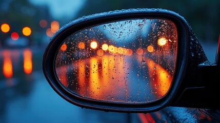 Close-up of a car's side mirror reflecting glowing street lights on a rainy evening