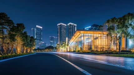 Fototapeta premium Night Cityscape: Modern Architecture and Illuminated Streets