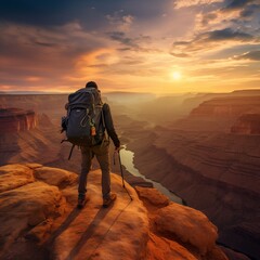 A hiker standing on a cliff edge at sunset, Generative Ai