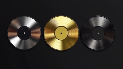 Realistic vinyl record designs featuring gold, silver, platinum, and rose gold metallic discs, representing music awards or chart-topping albums. Vector mockup set