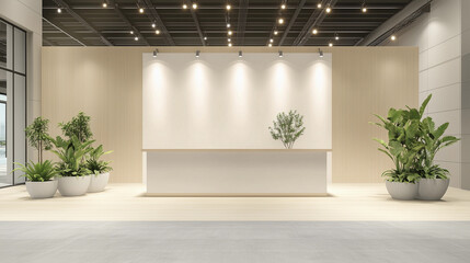 Large desk modern neutral trade show booth indoor spotlight green plants minimalist business event mockup commercial template branding presentation marketing nobody set table background copy space ad 