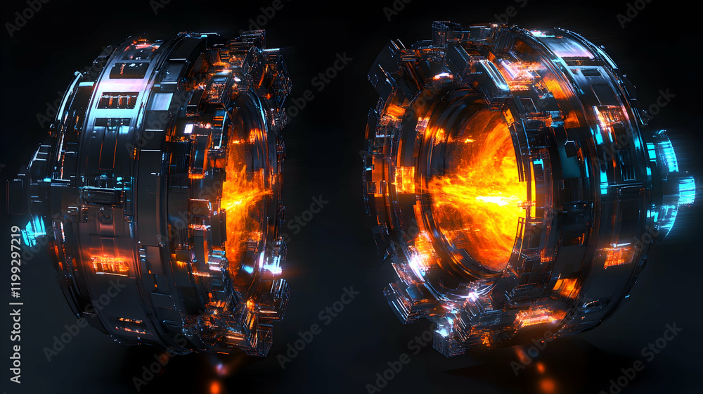 Poster 3d model of a futuristic fusion reactor glowing with vibrant plasma energy and sharp high-tech detai