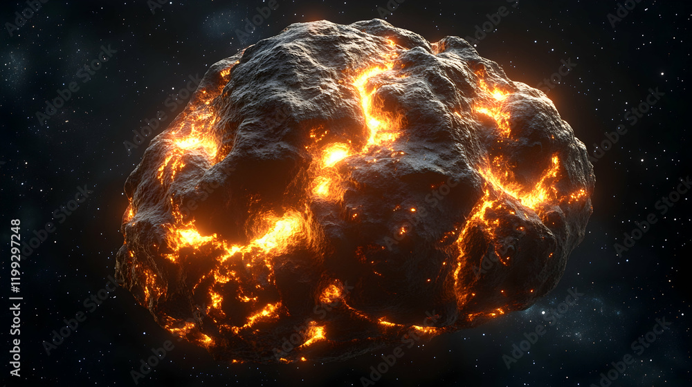 Canvas Prints 3d model of an asteroid with detailed rocky surface textures and glowing atmospheric entry effects, 