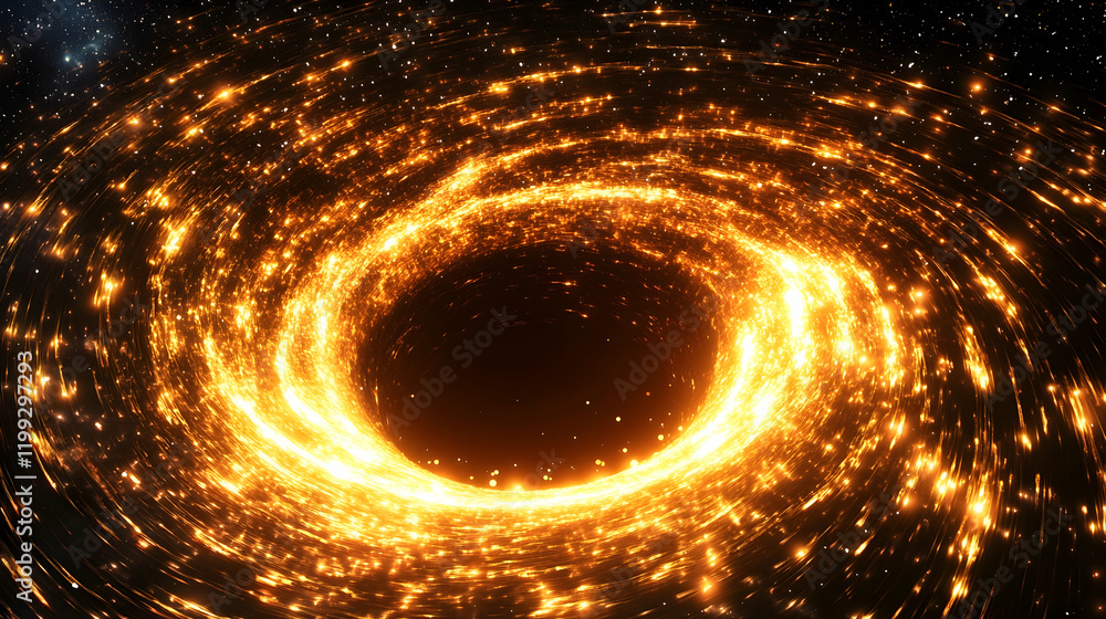 Aufkleber 3d rendering of a black hole with glowing event horizon and spiraling light particles in a cosmic se