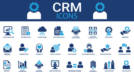 Customer relationship management CRM icon set. Containing marketing, data, reports, strategy, manager, audience and more. Solid vector icons collection. Line art icon set,