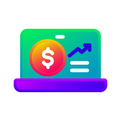 Laptop with graph and money symbol, gradient color icon isolated