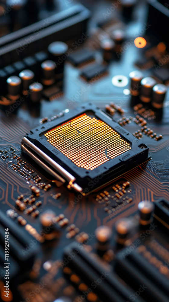 Fototapete cpu socket on motherboard with gold contacts, showcasing the intricate details of computer hardware