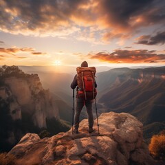 A hiker standing on a cliff edge at sunset, overlooking a vast canyon, with a backpack, Generative Ai