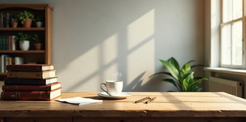 Quiet morning at a wooden desk with books and a warm drink