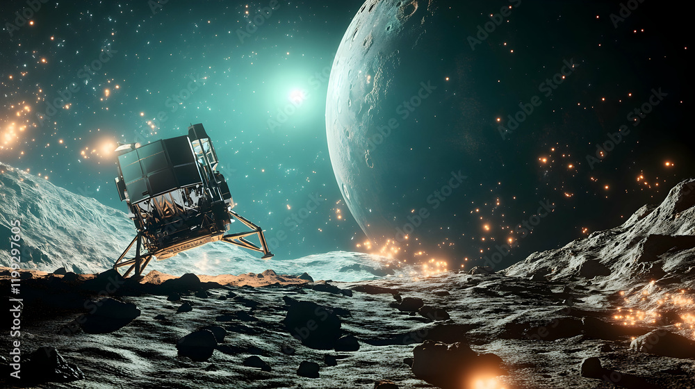 Poster 3d rendering of a spacecraft landing on a distant planet with rocky terrain and glowing atmospheric 