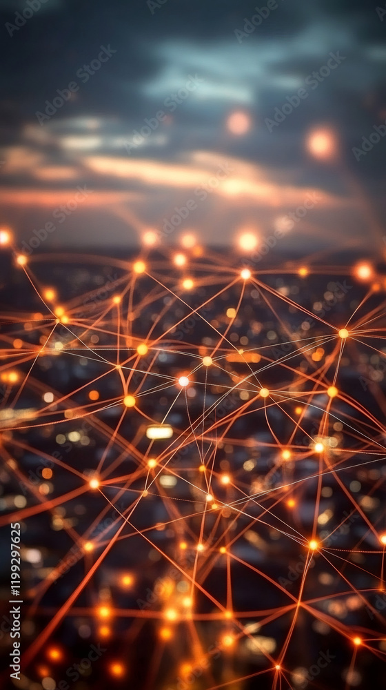 Poster orange lines connecting glowing dots hovering over a blurred cityscape at sunset, symbolizing commun