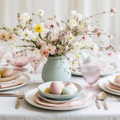 A pastel-themed Easter table setting with minimalist floral arrangements, hand-painted eggs, and linen napkins, Generative Ai