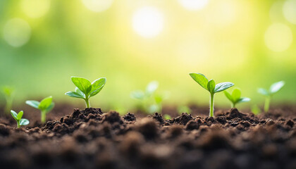 Fototapeta premium Small green seedlings emerging from rich soil in a sunlit garden