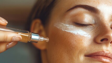 A woman gently applying a creamy product on her cheek, exuding a sense of tenderness and self-care, enhancing her natural beauty with a radiant finish.