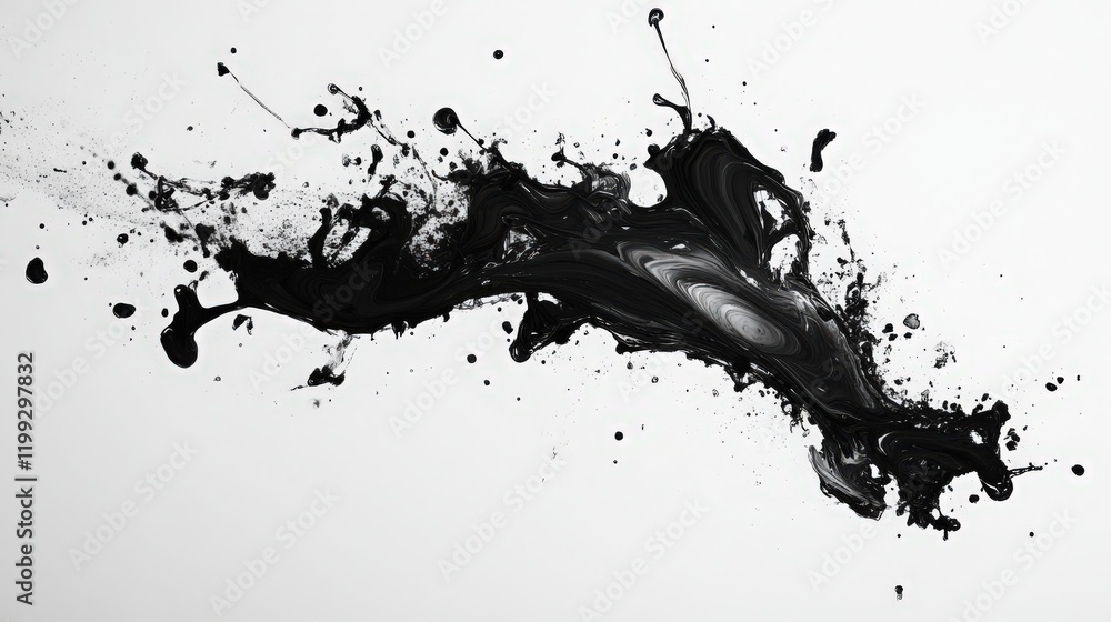 Poster abstract black paint splash on white background with splatters and drips creating dynamic texture