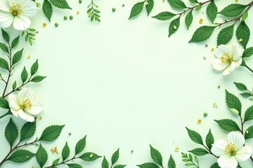 Serene Springtime Floral Frame Delicate White Blossoms and Lush Green Leaves on a Pastel Background, Perfect for Announcements or Invitations